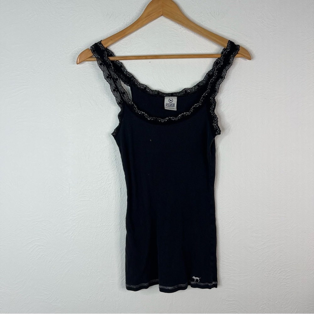 PINK Victoria's Secret Black Lace Trim Tank Top
